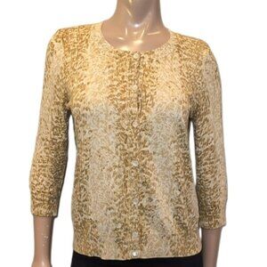 Talbots Animal Print Cardigan Sweater Crop Sleeve Button Front Petite Size Large